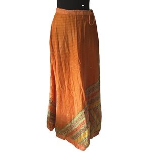 Paul‎ Ropp Silk Wrap Maxi Skirt Womens Size 2 Orange Sequin Boho Hand Printed